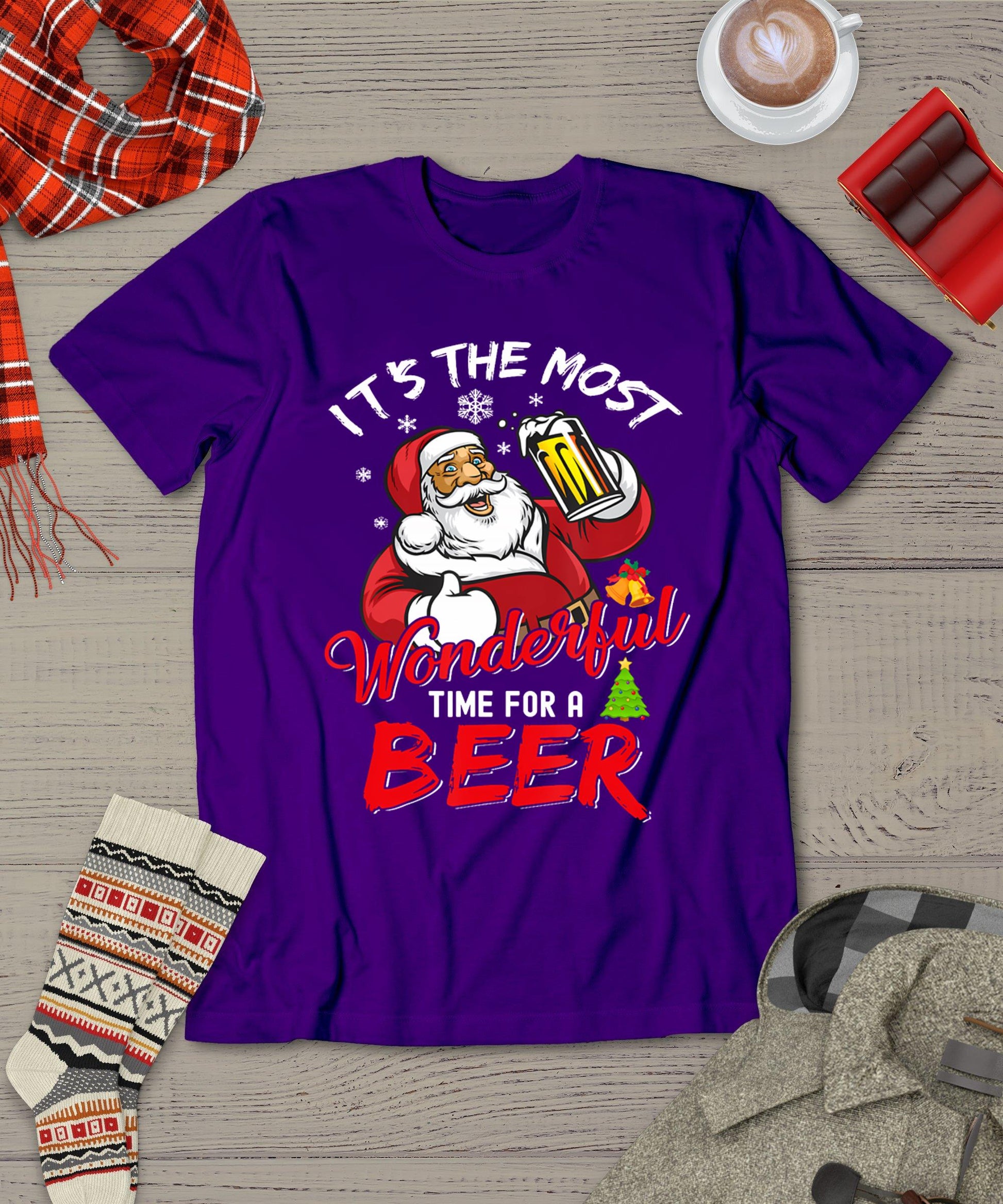 Funny Christmas Santa Claus Drinking Beer Wonderful Time T-Shirt