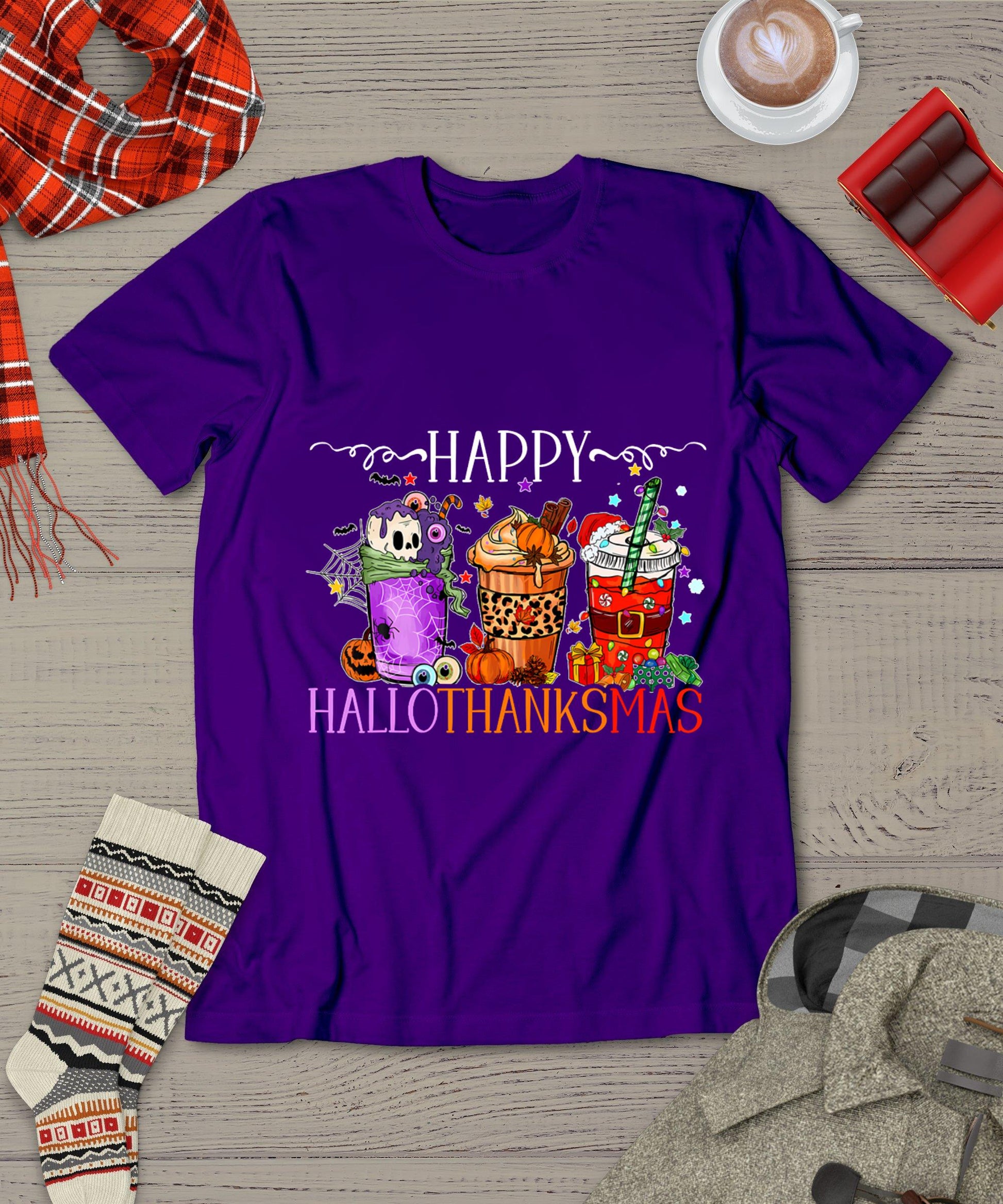 Happy Hallothanksmas Halloween Thanksgiving Christmas T-Shirt