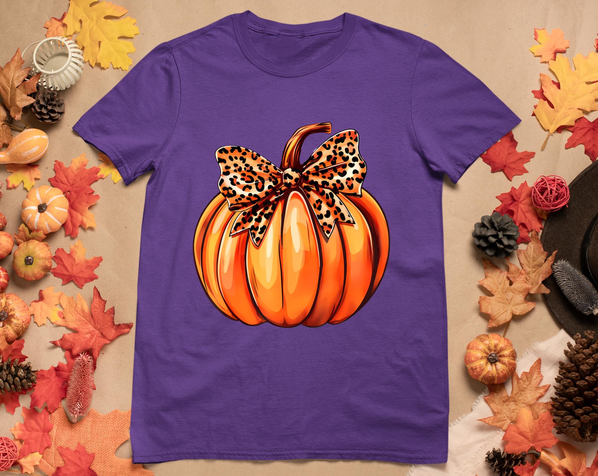 Coquette Bow Leopard Pumpkin Thanksgiving Rustic Fall Women T-Shirt