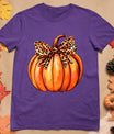 Coquette Bow Leopard Pumpkin Thanksgiving Rustic Fall Women T-Shirt