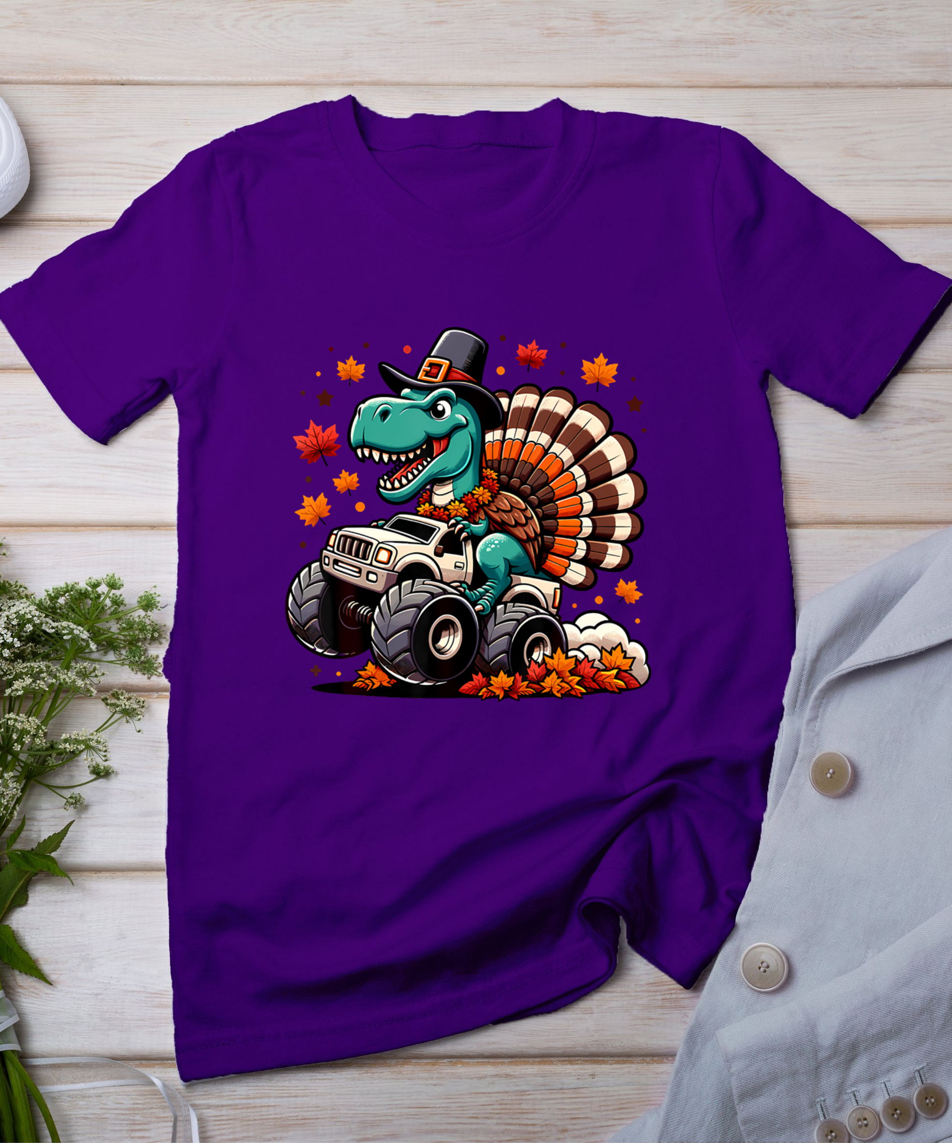 Thanksgiving Shirts Boys Kids Dinosaur T Rex Monster Truck T-Shirt