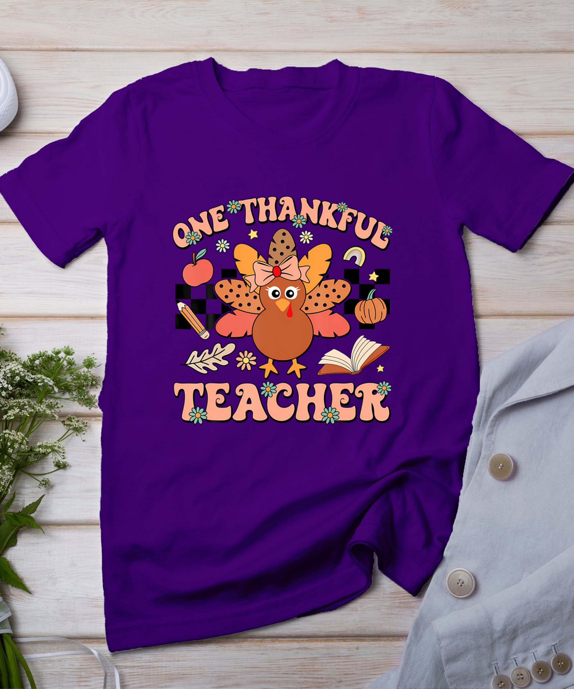 One Thankful Teacher Thanksgiving Retro Groovy Fall Teachers T-Shirt