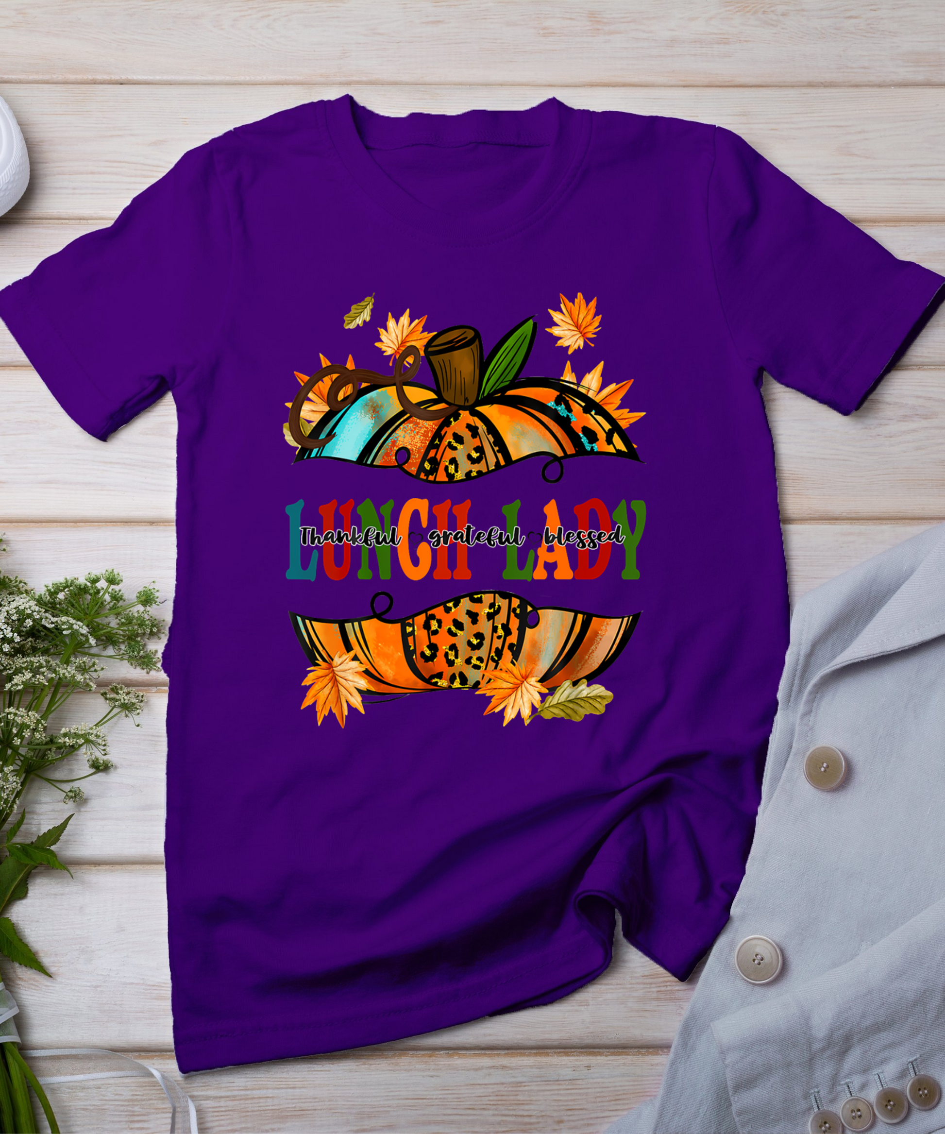 Leopard Pumpkin Fall Autumn Thanksgiving Lunch Lady Women T-Shirt