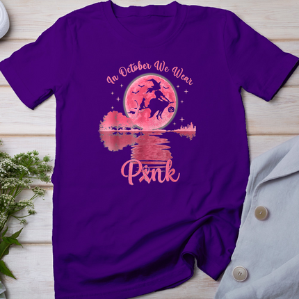 in October We Wear Pink Witch Breast Cancer Halloween T-Shirt