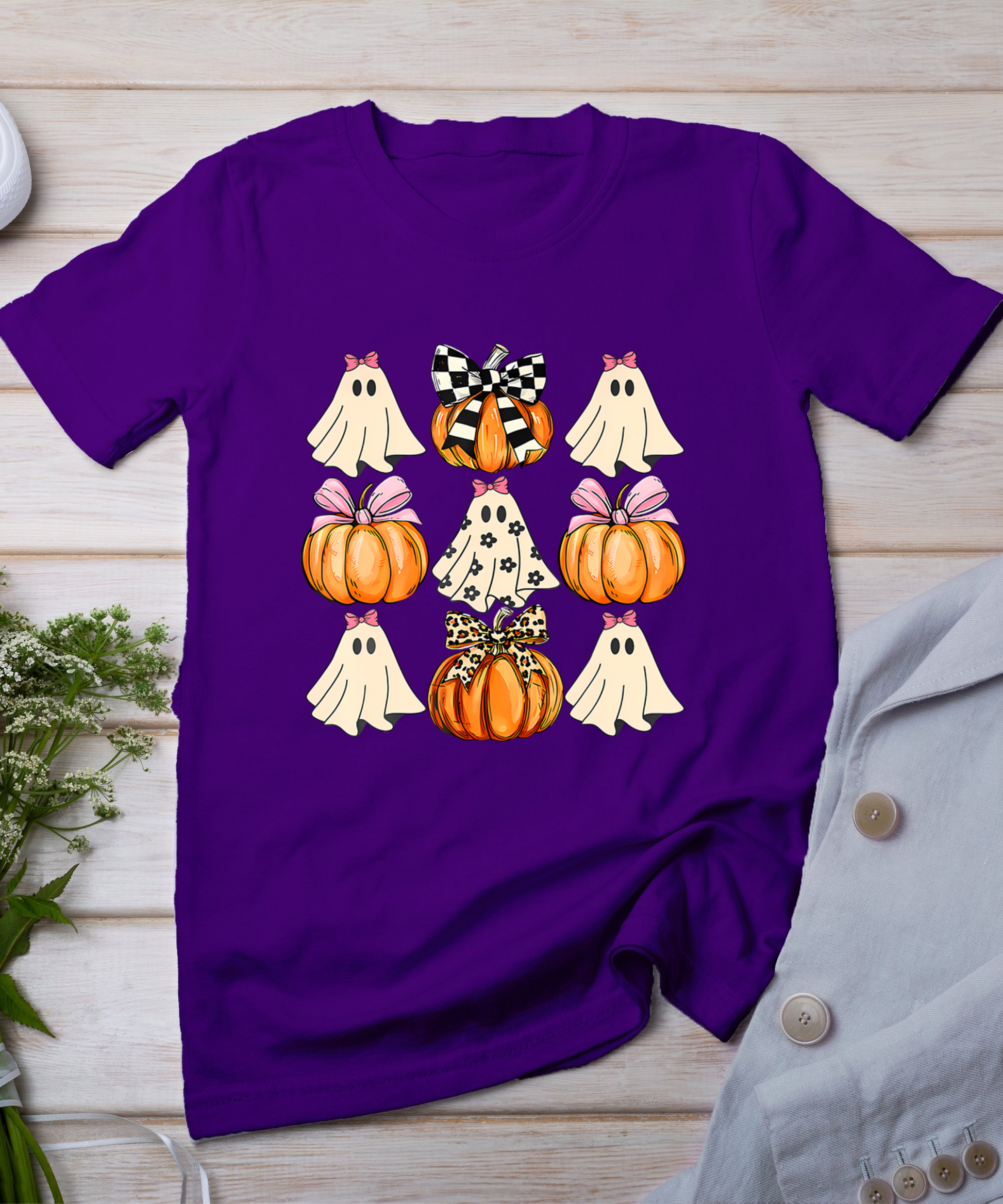 Cute Coquette Bows Ghost Pumpkin Season Halloween Autumn T-Shirt