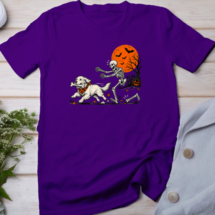 Golden Retriever Dog Stealing Bone from Skeleton Halloween T-Shirt