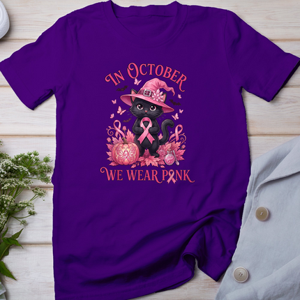 Halloween Witch Black Cat We Wear Pink Ribbon Breast Cancer T-Shirt