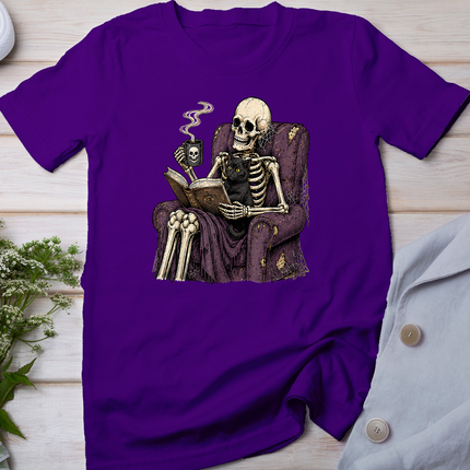 Skeleton Reading with Black Cat Funny Halloween Gothic T-Shirt
