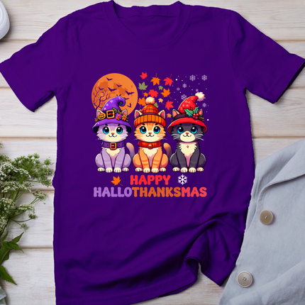 Halloween Thanksgiving Christmas Happy Hallothanksmas Cats T-Shirt
