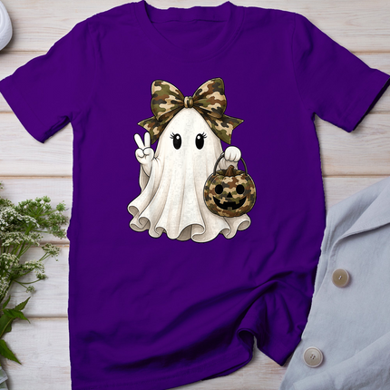 Cute Halloween Camo Bow Ghost Pumpkin Basket Women Girl Kid T-Shirt