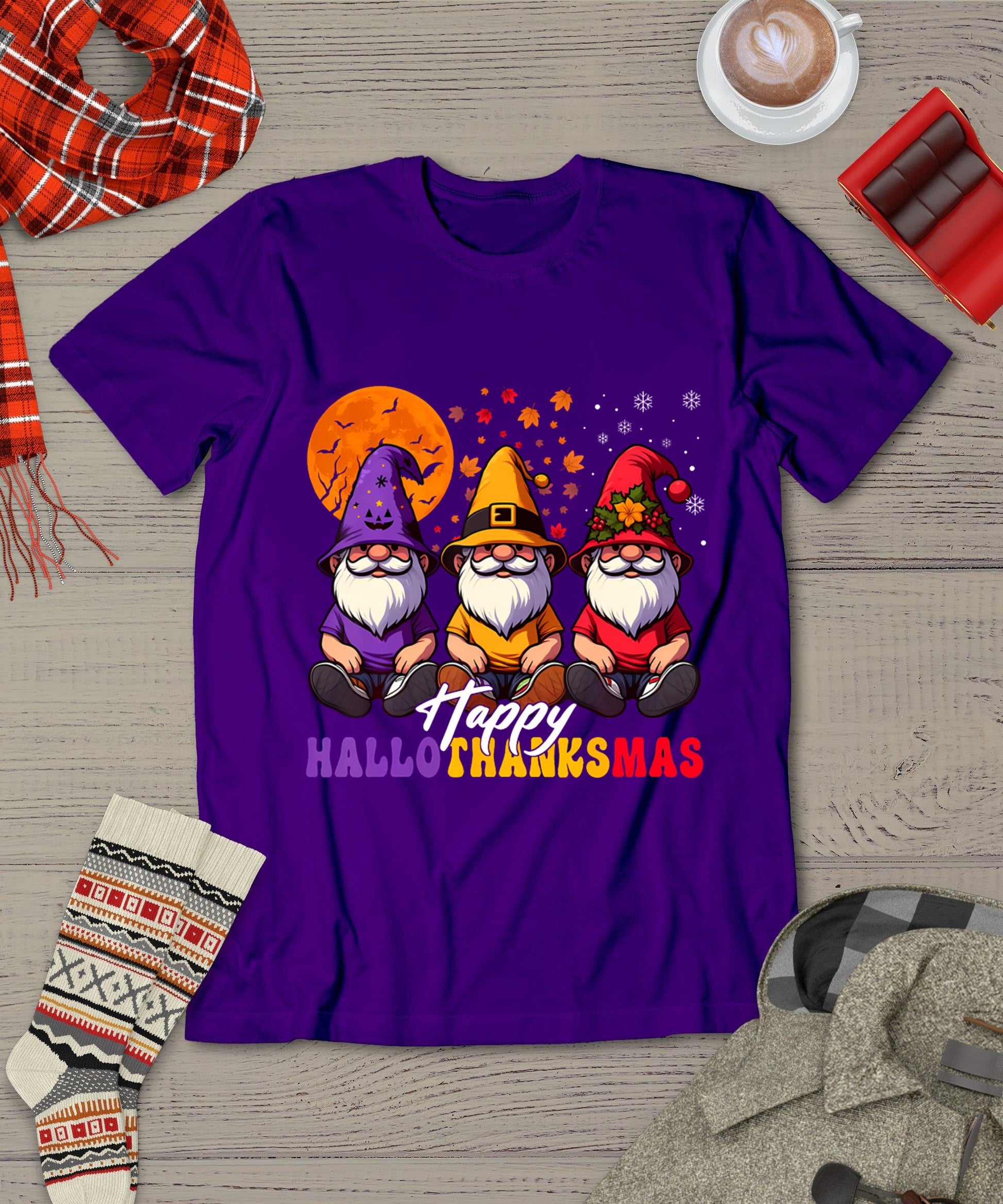 Halloween Thanksgiving Christmas Happy Hallothanksmas Gnomes T-Shirt