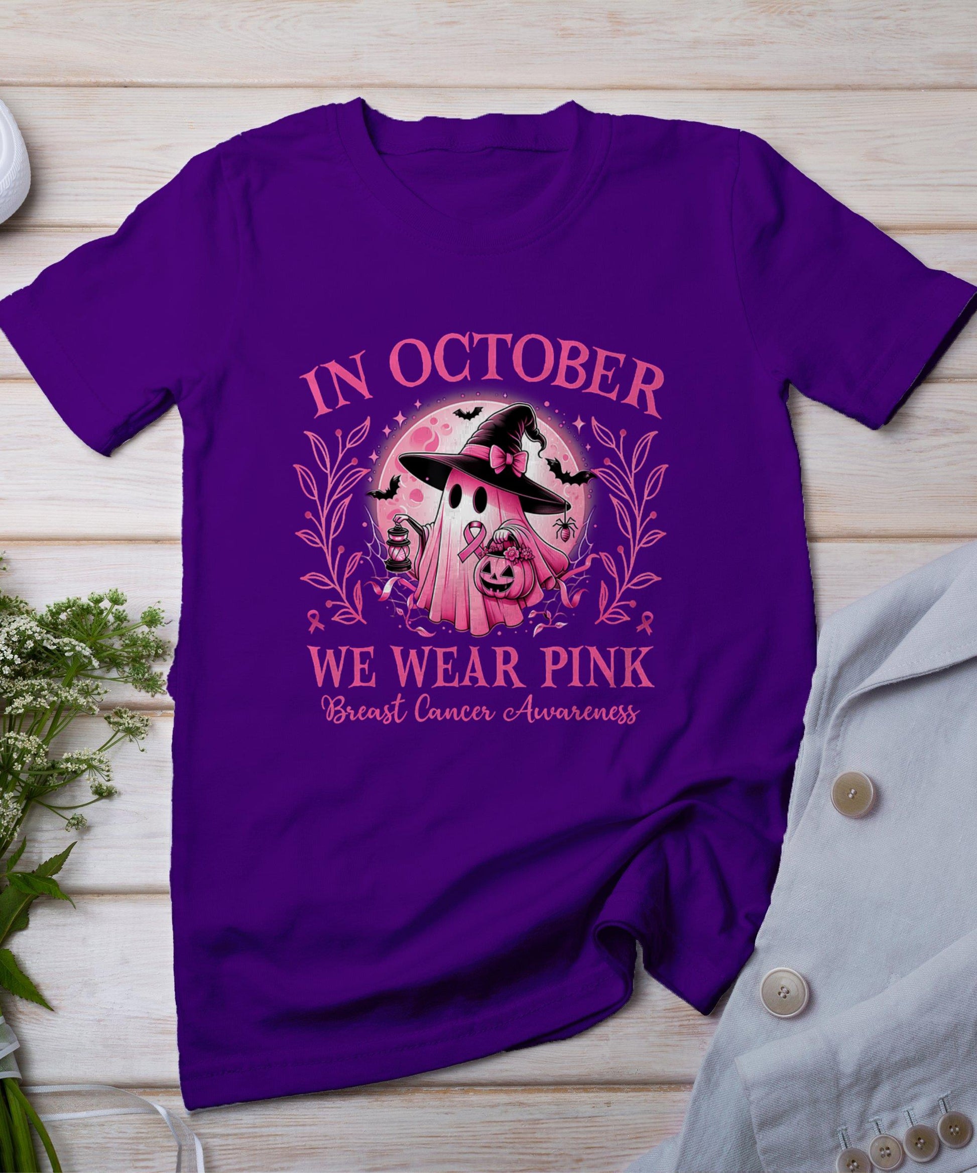 October We Wear Pink Breast Cancer Awareness Halloween Ghost T-Shirt