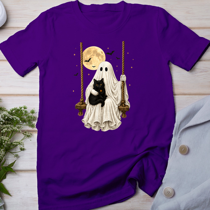 Ghost Holding Black Cat Retro Halloween Ghost Cozy Autumn T-Shirt
