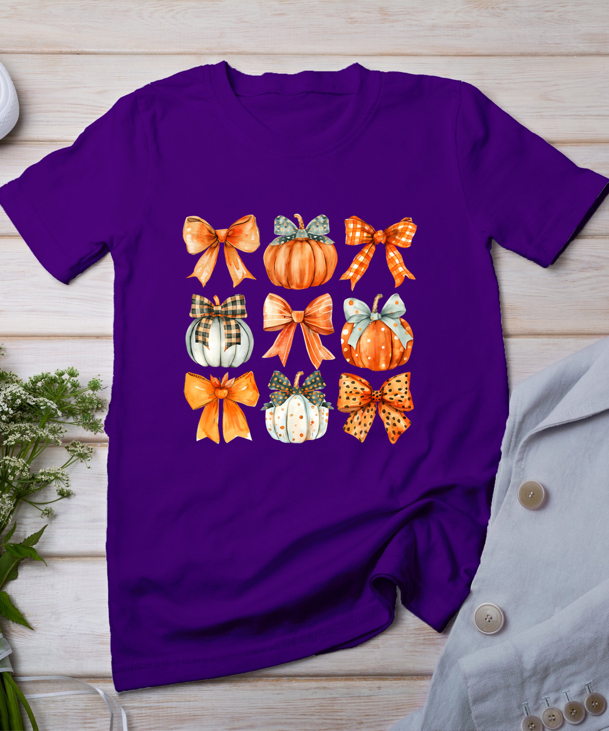 Coquette Bow Pumpkin Season Thanksgiving Autumn Fall Leaves T-Shirt