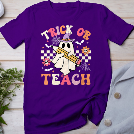 Trick Or Teach Groovy Teacher Halloween Retro Floral Ghost T-Shirt