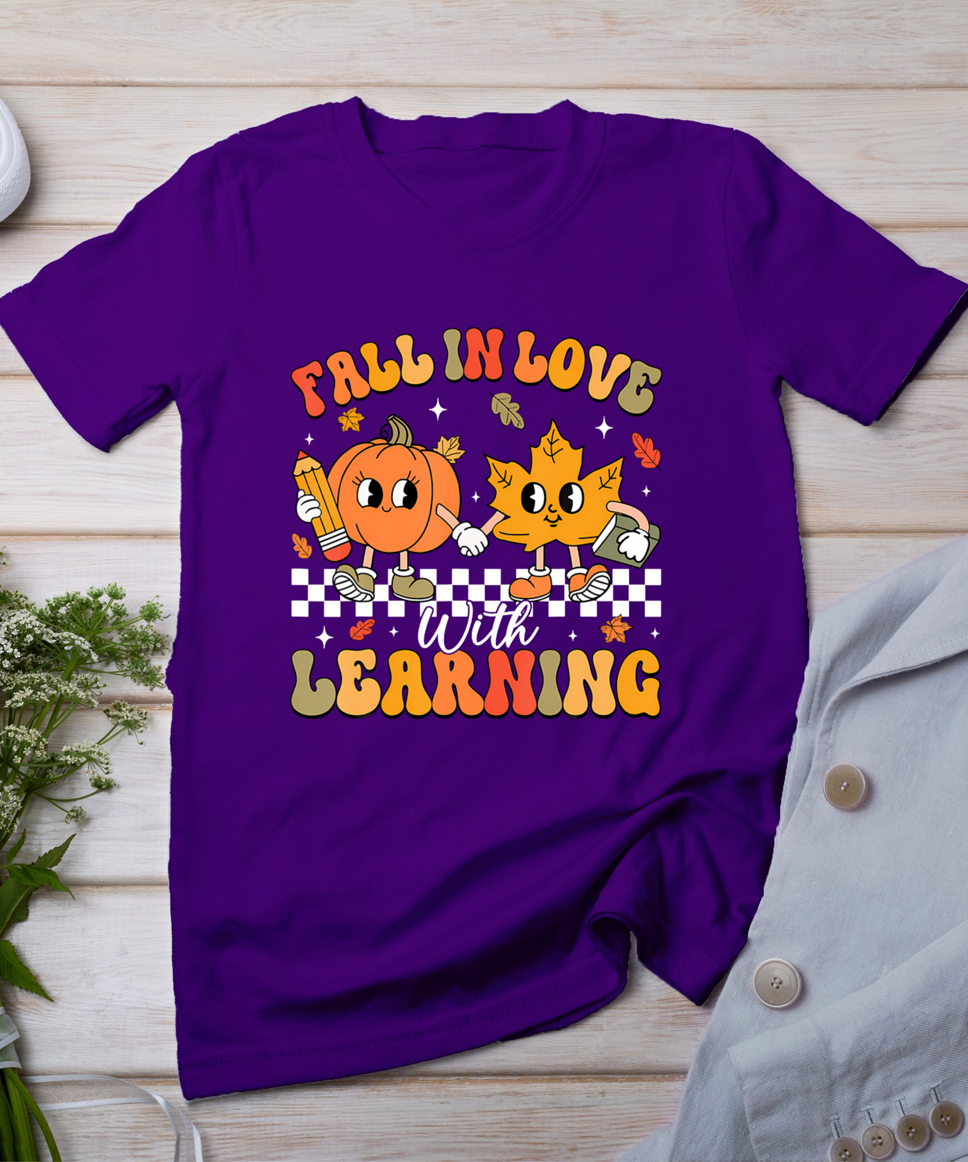 Retro Fall In Love With Learning Autumn Pumpkin Teacher T-Shirt