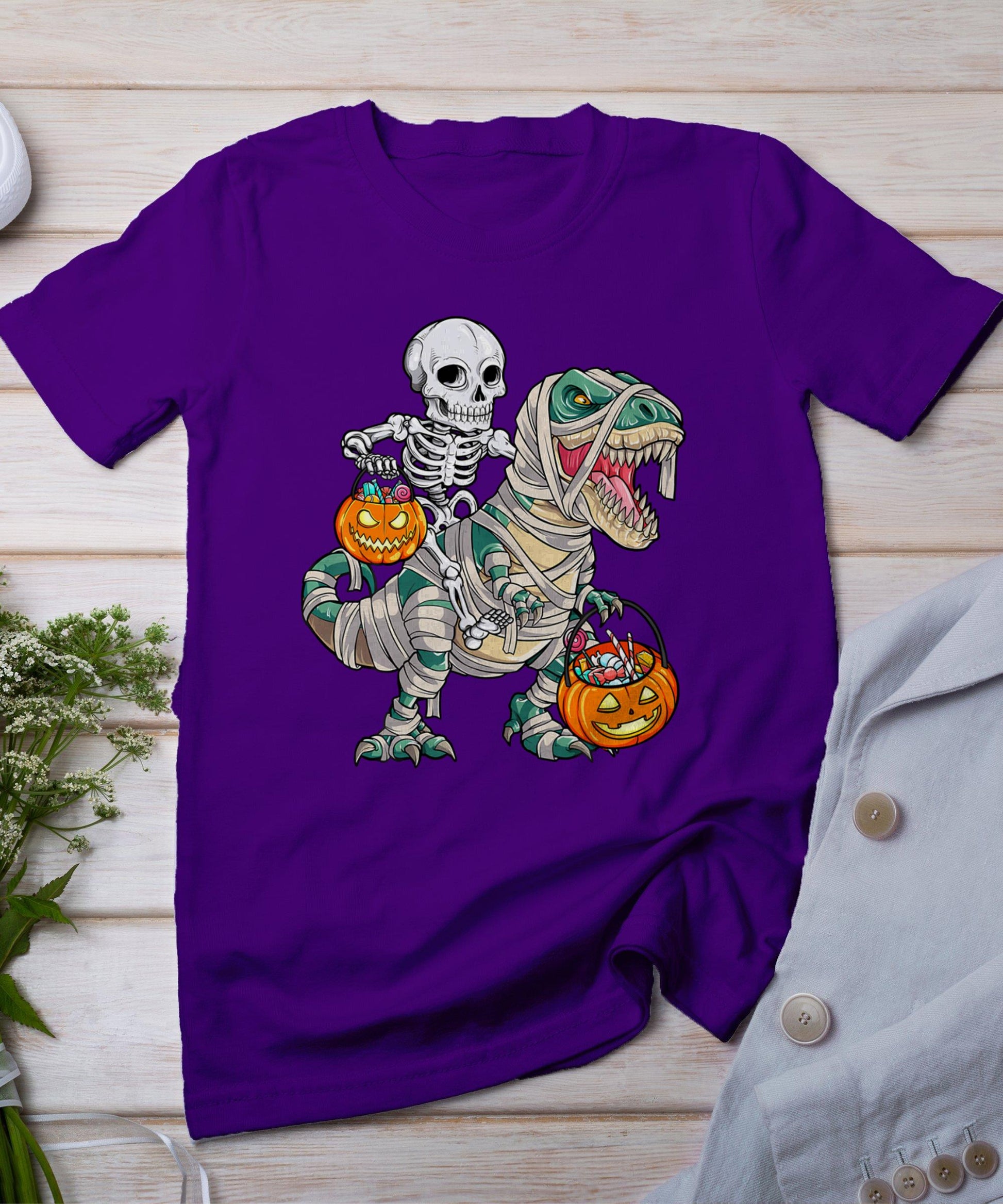 Skeleton Riding Mummy Dinosaur T Rex Halloween Funny Pumpkin T-Shirt