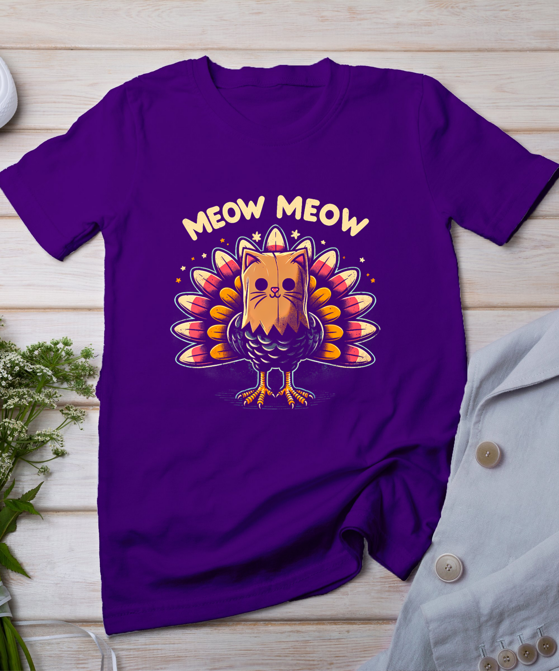 Funny Thanksgiving Shirt For Men Women Kids Meow Cat Turkey T-Shirt