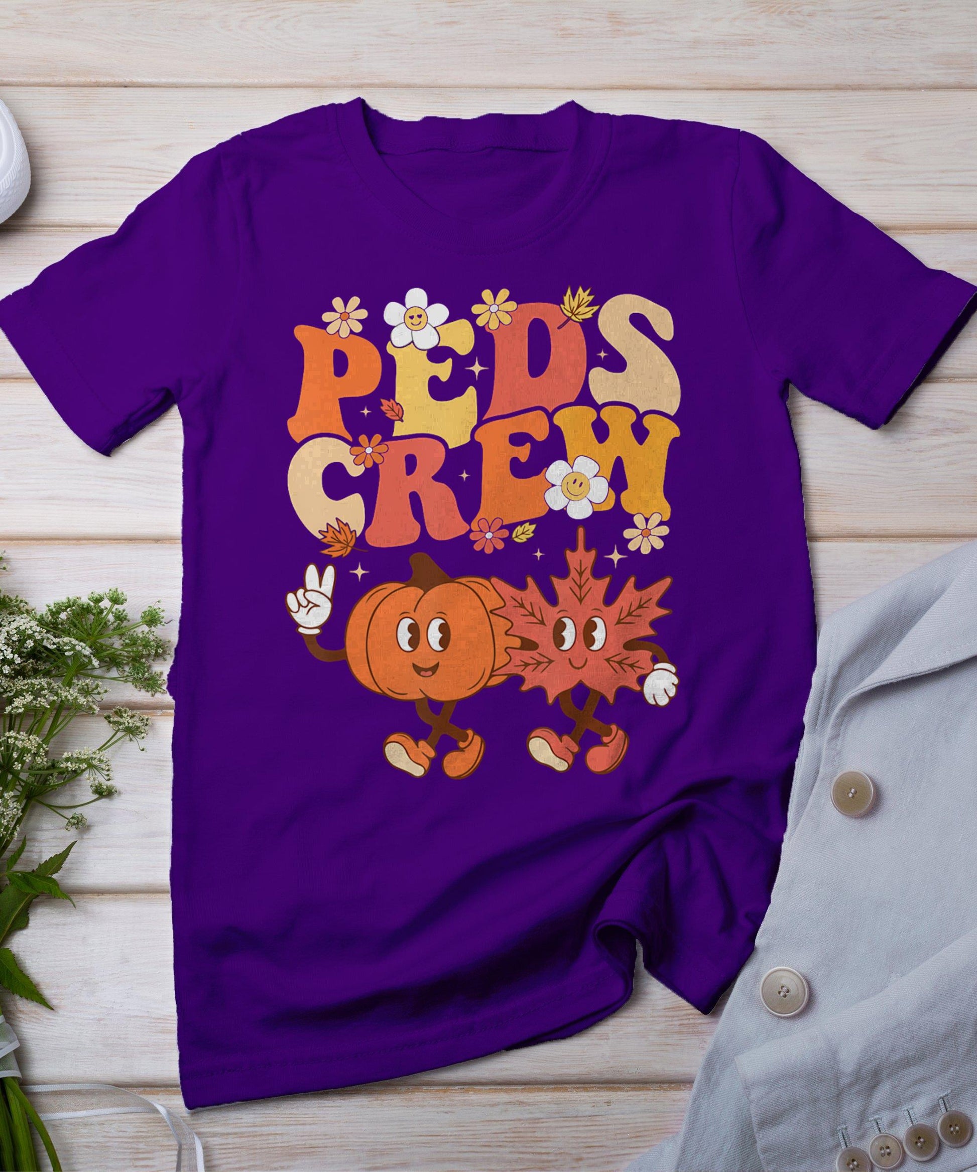 Peds Crew Pumpkin Leaf Pediatric Nurse Thanksgiving Fall T-Shirt