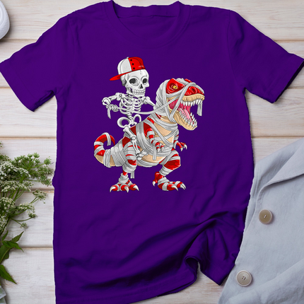 Funny Skeleton Cap Riding Mummy Dinosaur Halloween T-Shirt