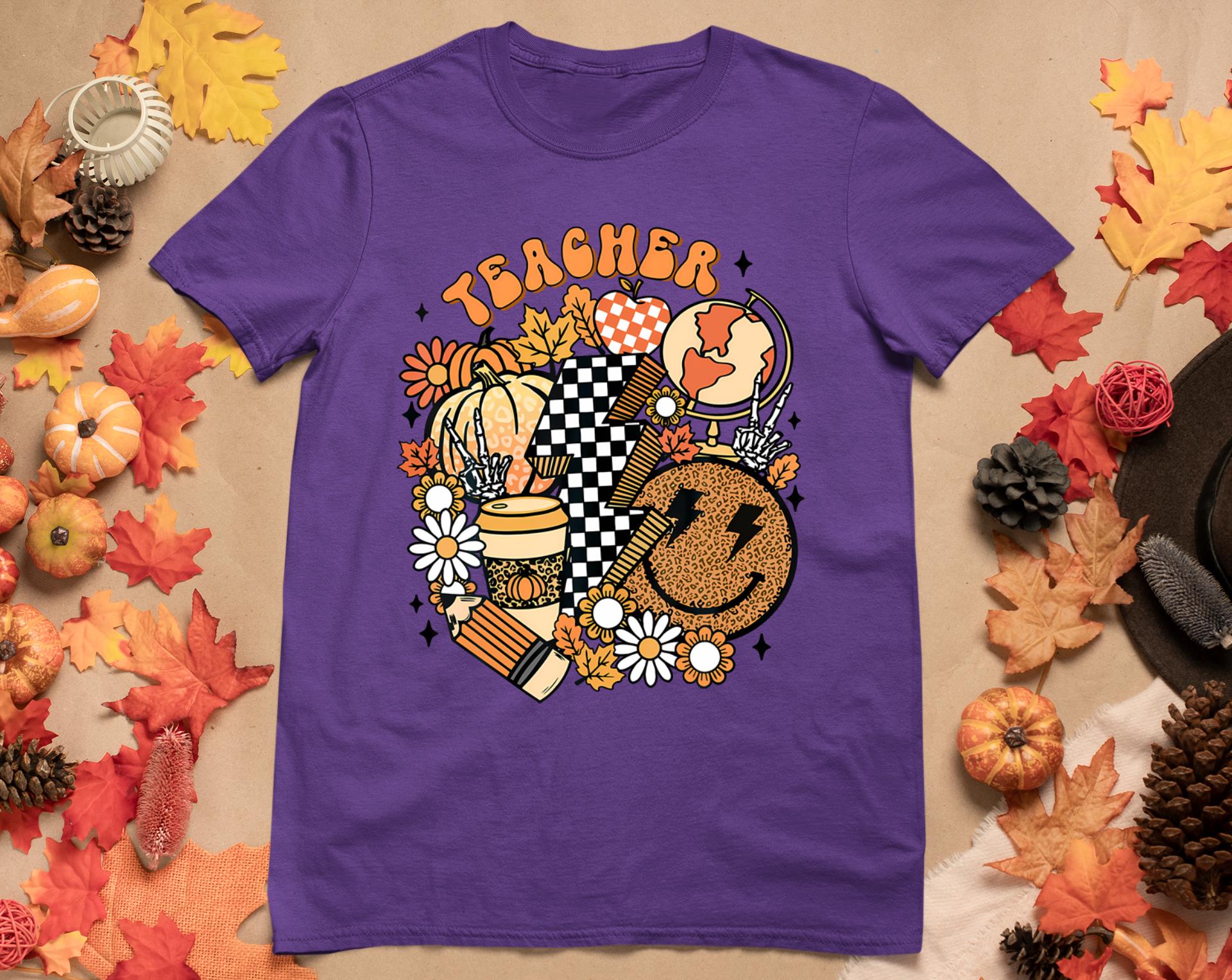 Fall Teacher Retro Teacher Life Autumn Thanksgiving Womens T-Shirt