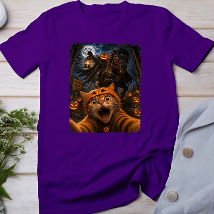 Funny Halloween Selfie Cat Horseman Pumpkins Moon Night T-Shirt
