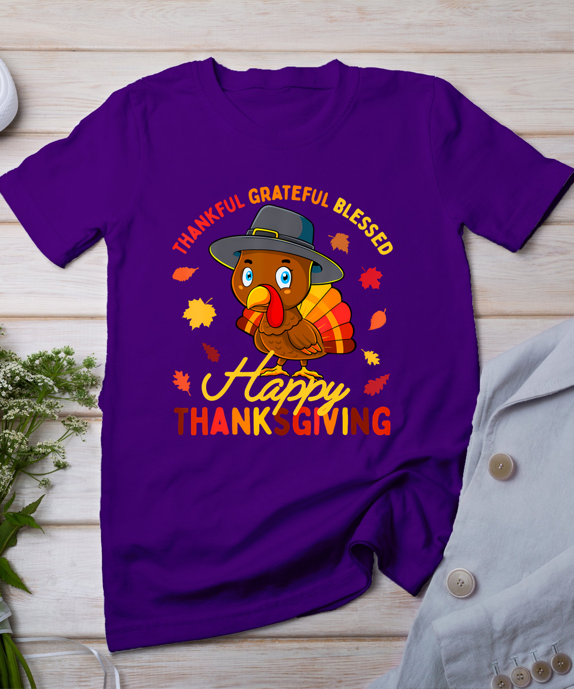 Thankful Grateful Blessed Thanksgiving Turkey Women Girls T-Shirt