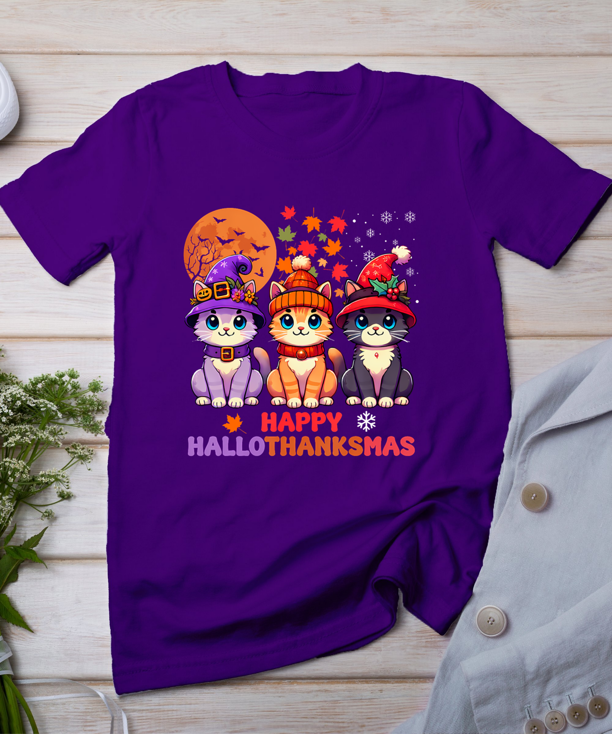 Halloween Thanksgiving Christmas Happy Hallothanksmas Cats T-Shirt