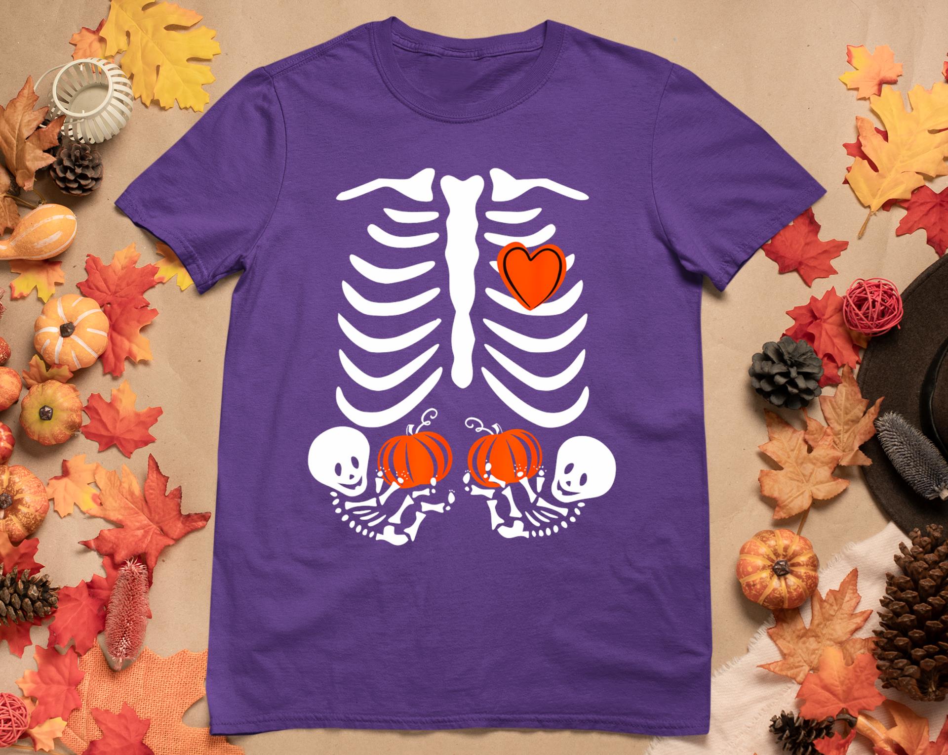 Skeleton Twin Pregnancy Announcement Halloween Pregnant Mom T-Shirt