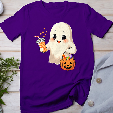 Cute Halloween Ghost With Candy Bucket And Boba Tea Kids T-Shirt