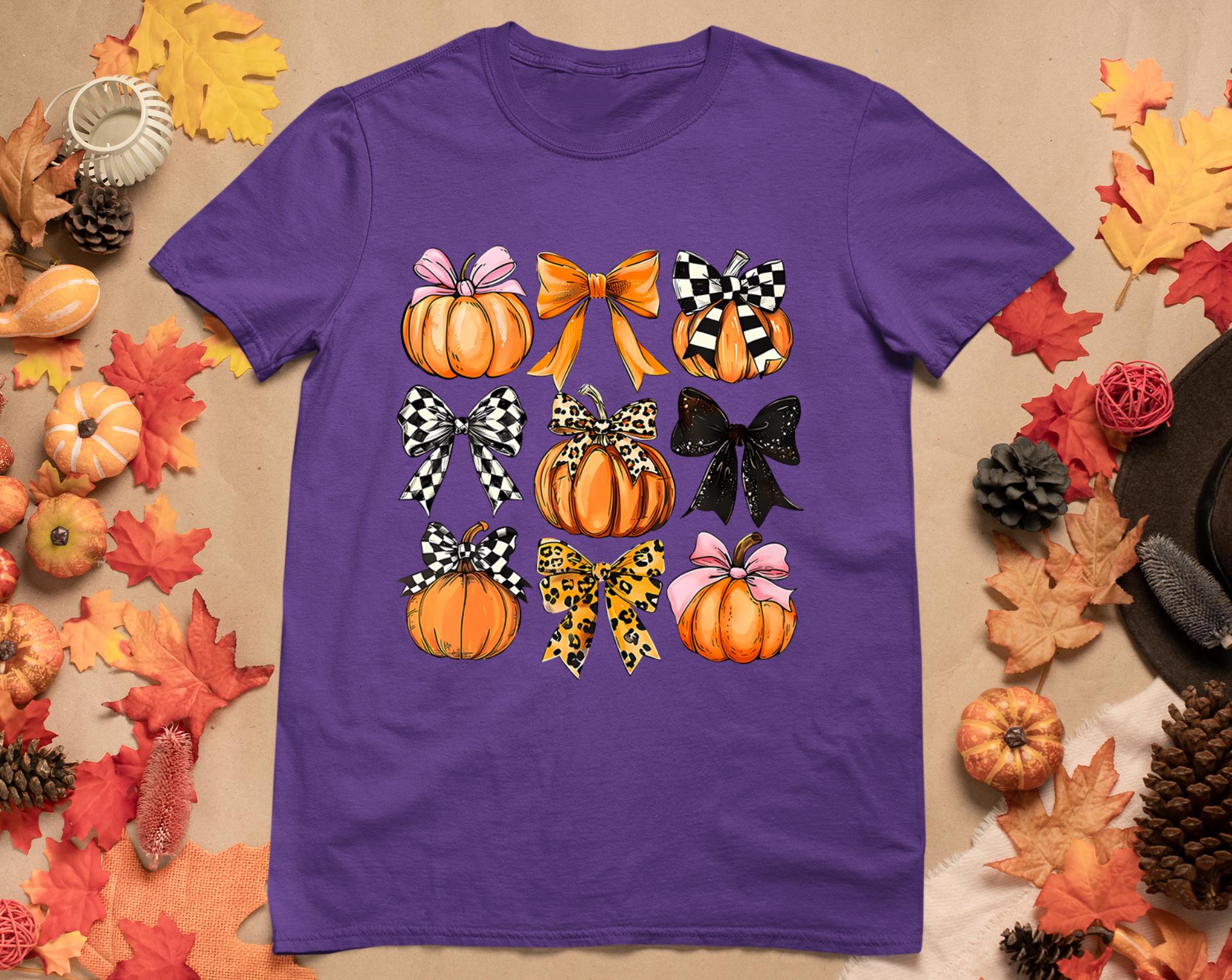 Cute Coquette Bows Pumpkin Season Halloween Autumn Fall T-Shirt