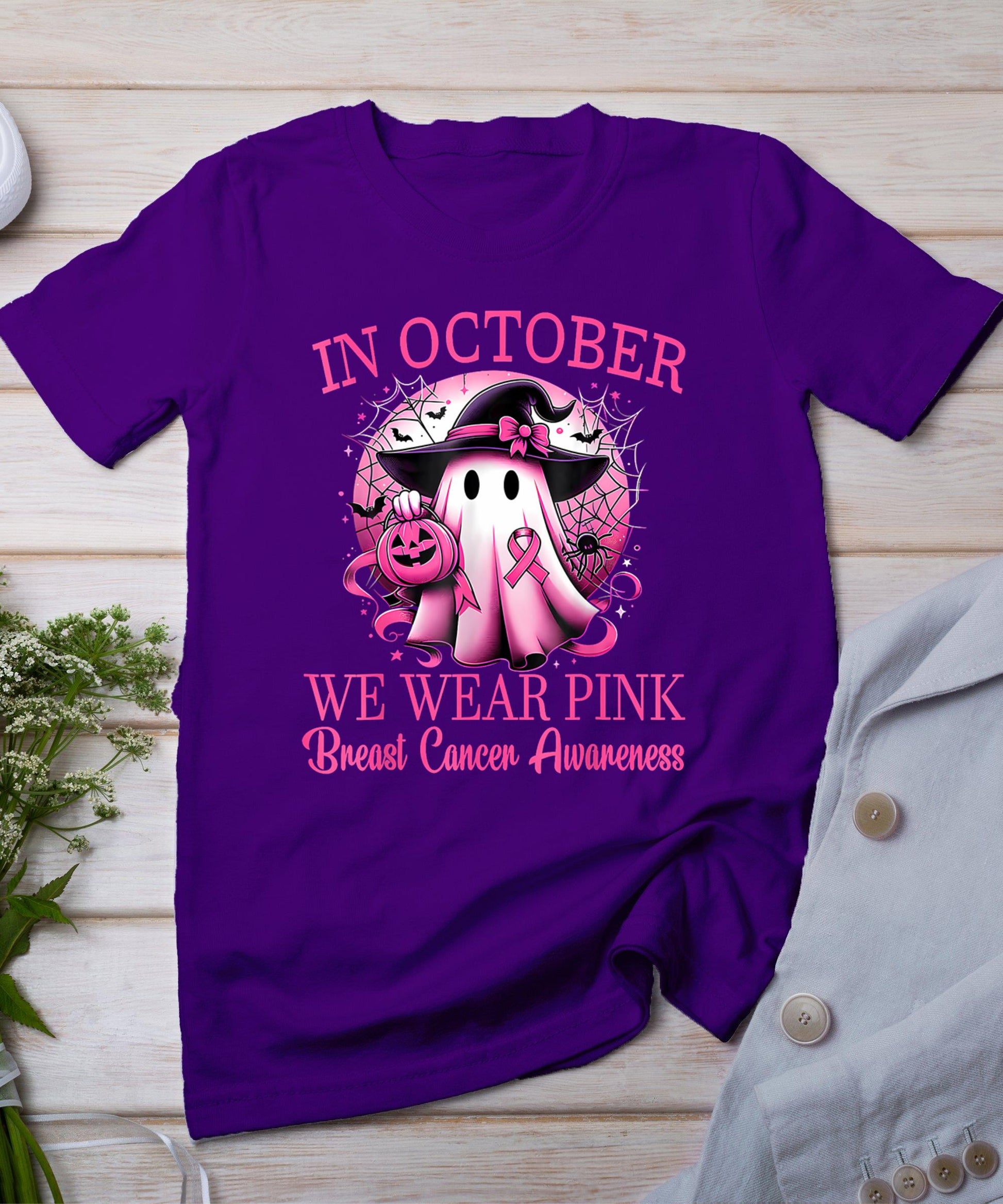 In October We Wear Pink Ghost Witch Breast Cancer Awareness T-Shirt