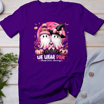in October We Wear Pink Ghost Witch Breast Cancer Awareness T-Shirt
