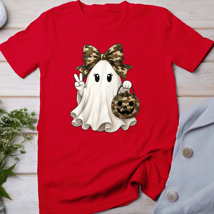 Cute Halloween Camo Bow Ghost Pumpkin Basket Women Girl Kid T-Shirt