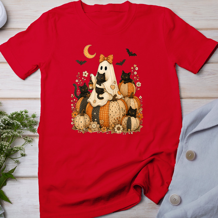 Cute Halloween Ghost Black Cat Pumpkin Patchwork Cat Mom T-Shirt