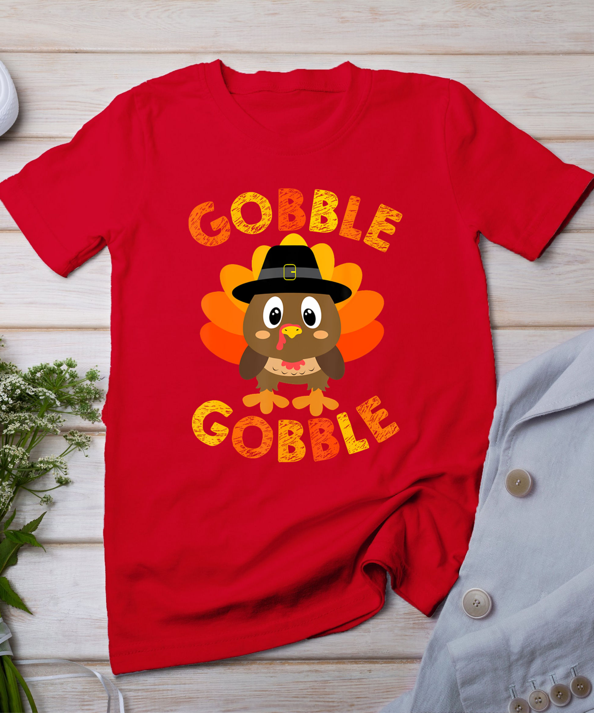 Cute Gobble Gobble Turkey Pilgrim Little Boys Thanksgiving T-Shirt