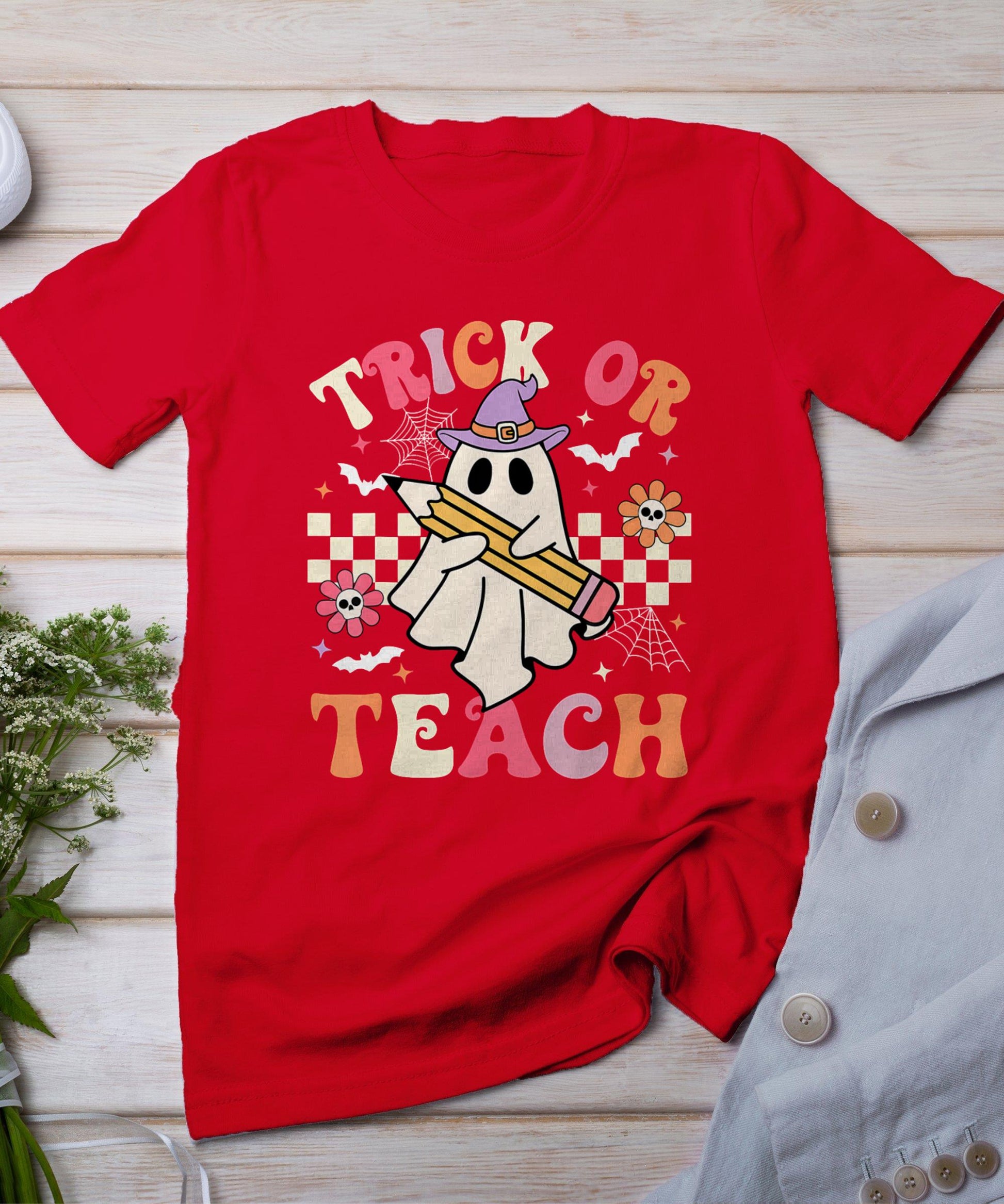 Trick Or Teach Groovy Teacher Halloween Retro Floral Ghost T-Shirt