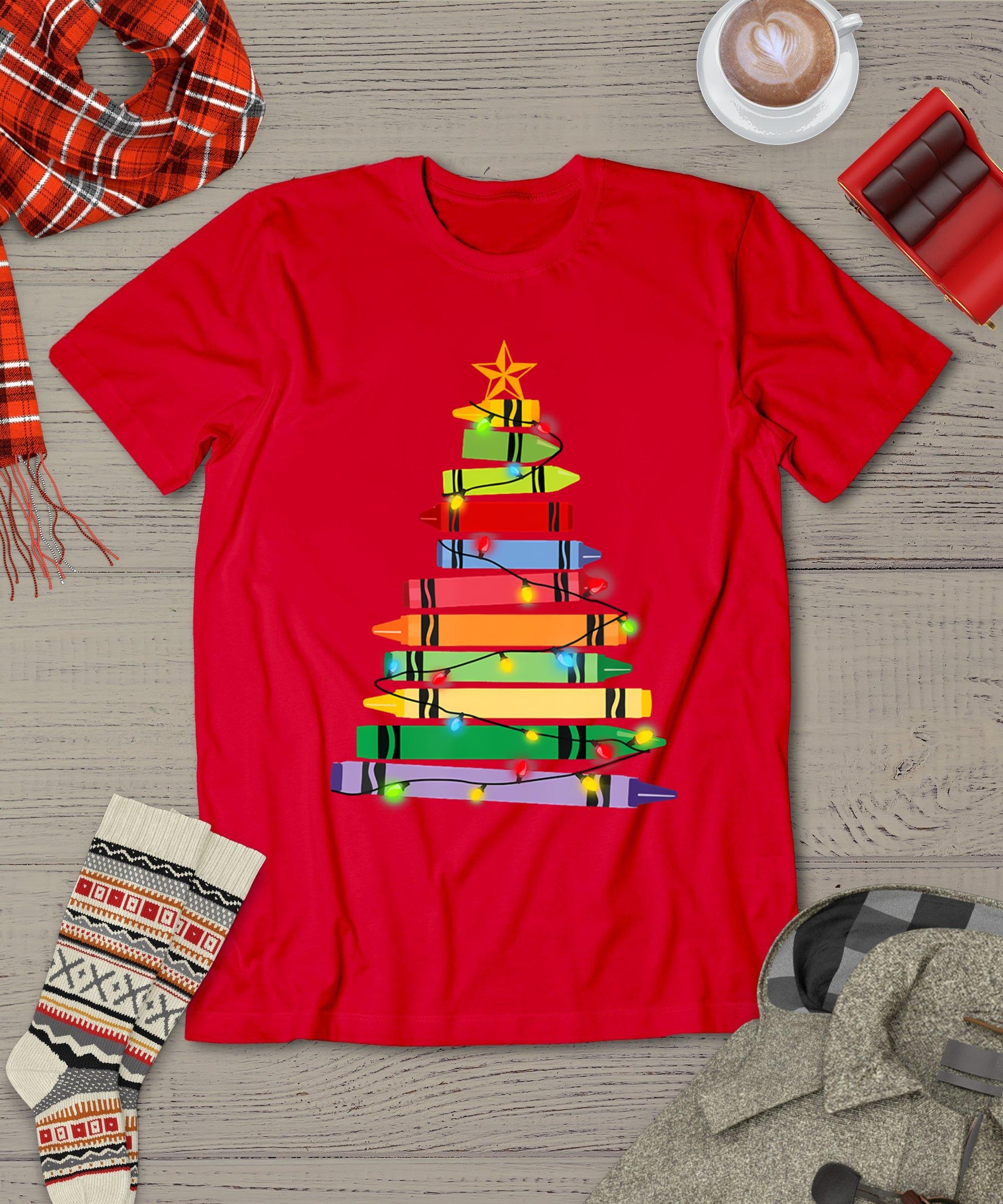 Teacher Christmas Tshirt Crayon Tree Light Gifts Student T-Shirt