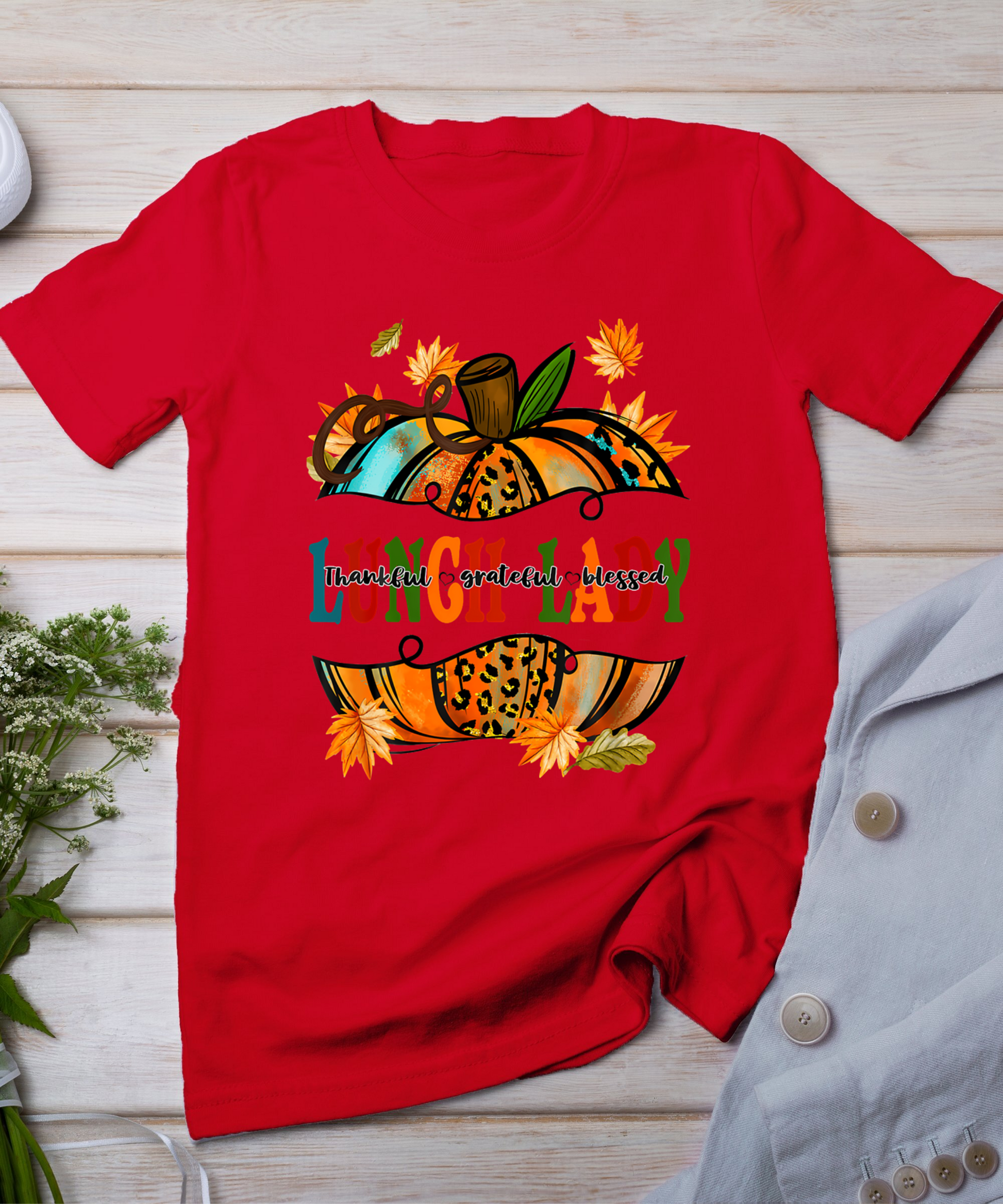 Leopard Pumpkin Fall Autumn Thanksgiving Lunch Lady Women T-Shirt