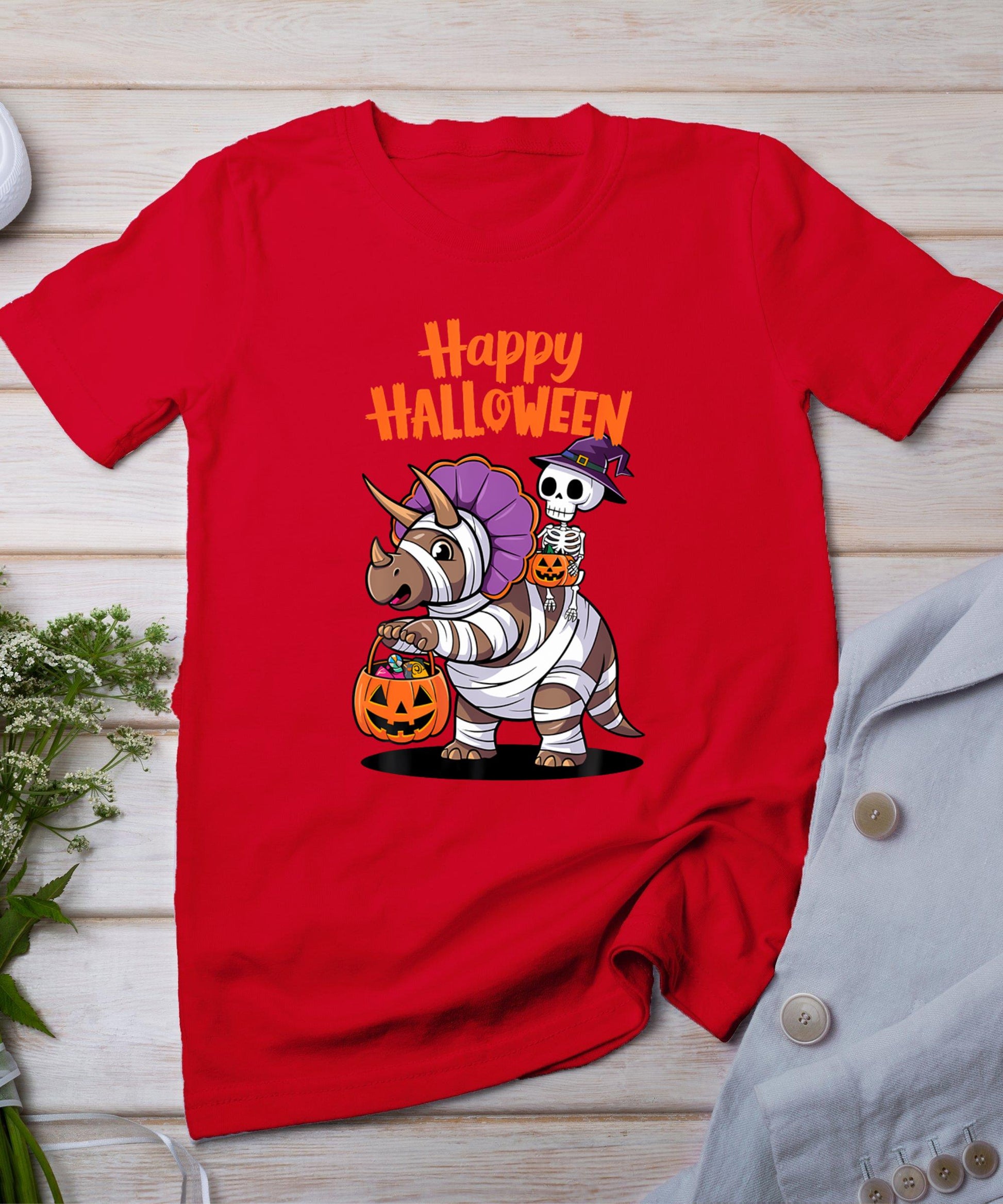 Cute Skeleton Riding Triceratops Happy Halloween Design T-Shirt