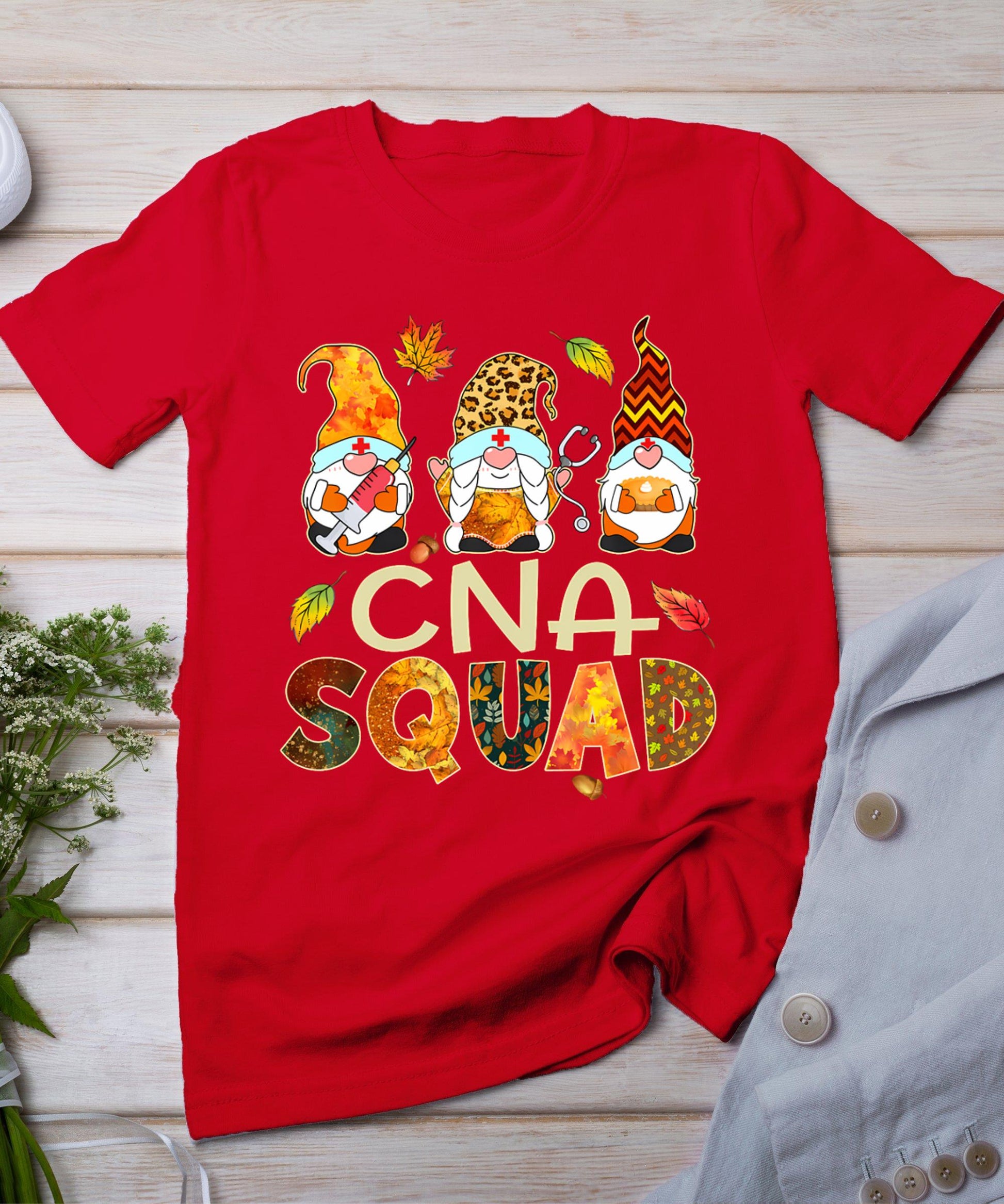 Cna Squad Gnome Nurse Leopard Thanksgiving Fall Stethoscope T-Shirt