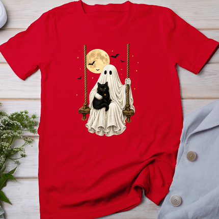 Ghost Holding Black Cat Retro Halloween Ghost Cozy Autumn T-Shirt