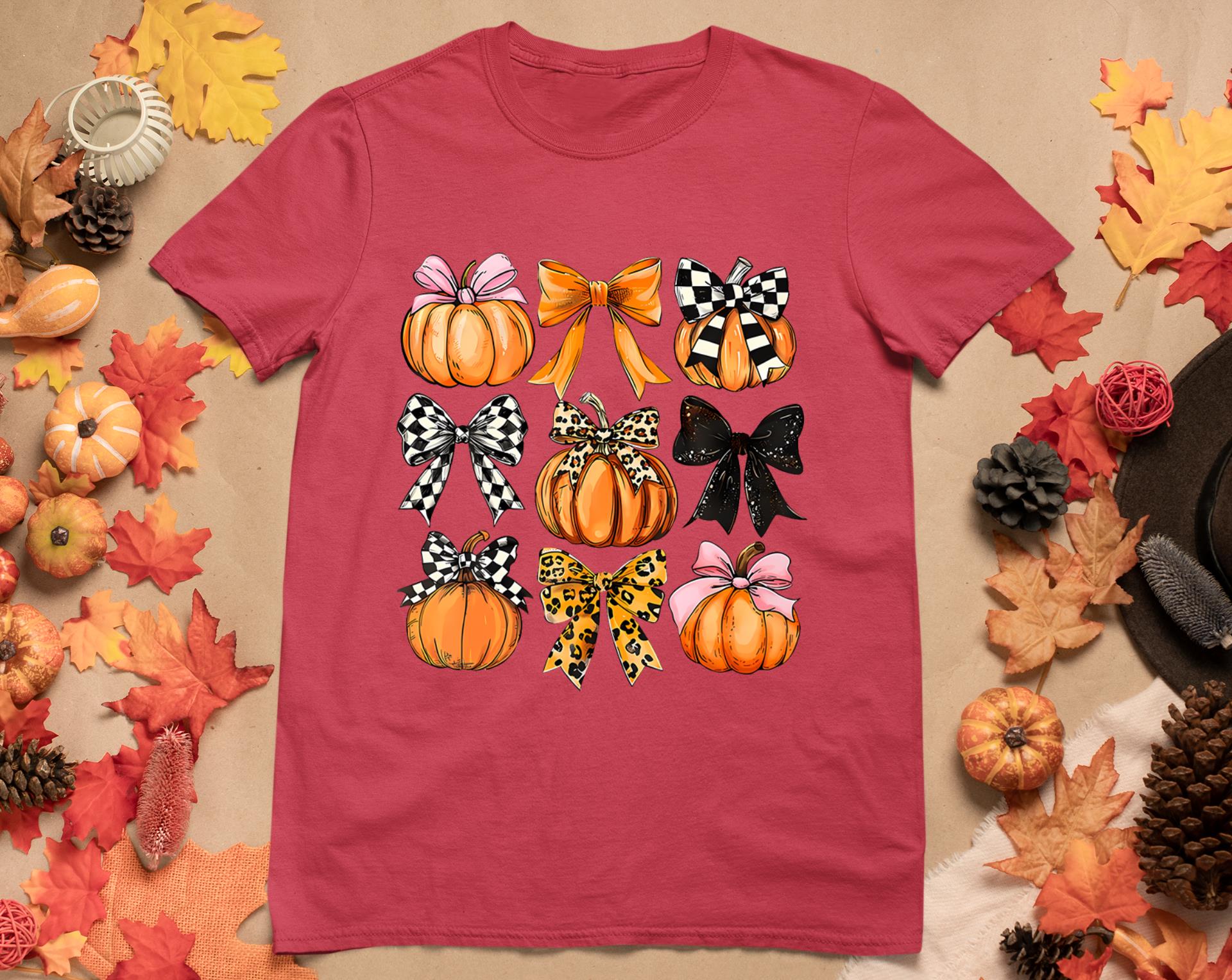 Cute Coquette Bows Pumpkin Season Halloween Autumn Fall T-Shirt