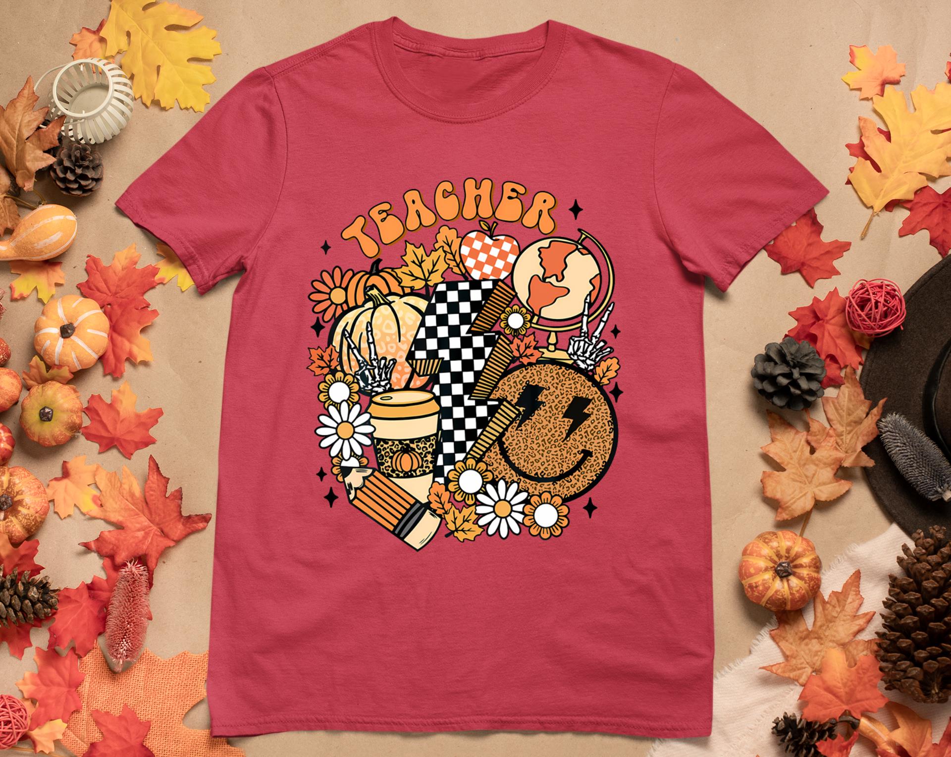 Fall Teacher Retro Teacher Life Autumn Thanksgiving Womens T-Shirt