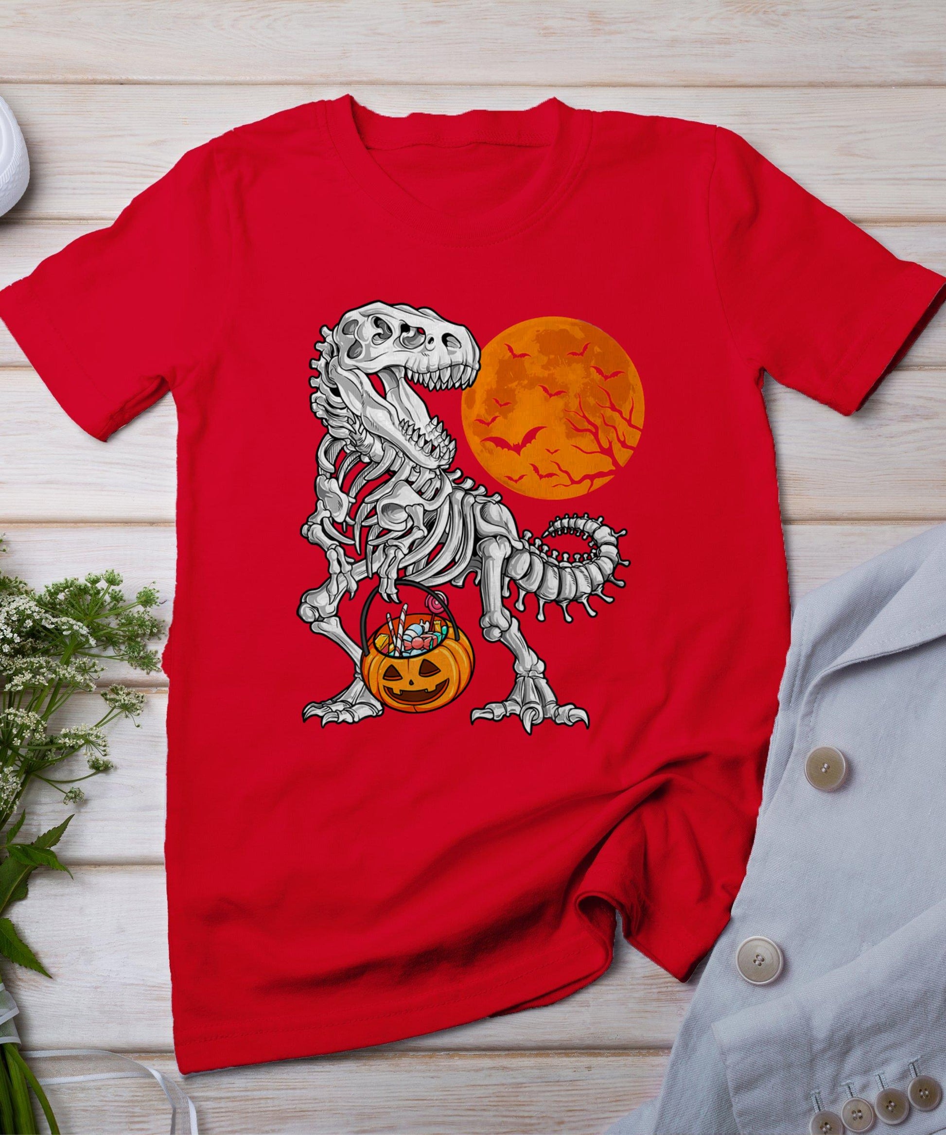 Halloween Dinosaur Skeleton T Rex Scary Pumpkin Moon T-Shirt