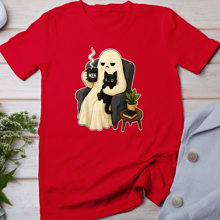 Meh Grumpy Ghost Holding Coffee Mug and Black Cat Halloween T-Shirt