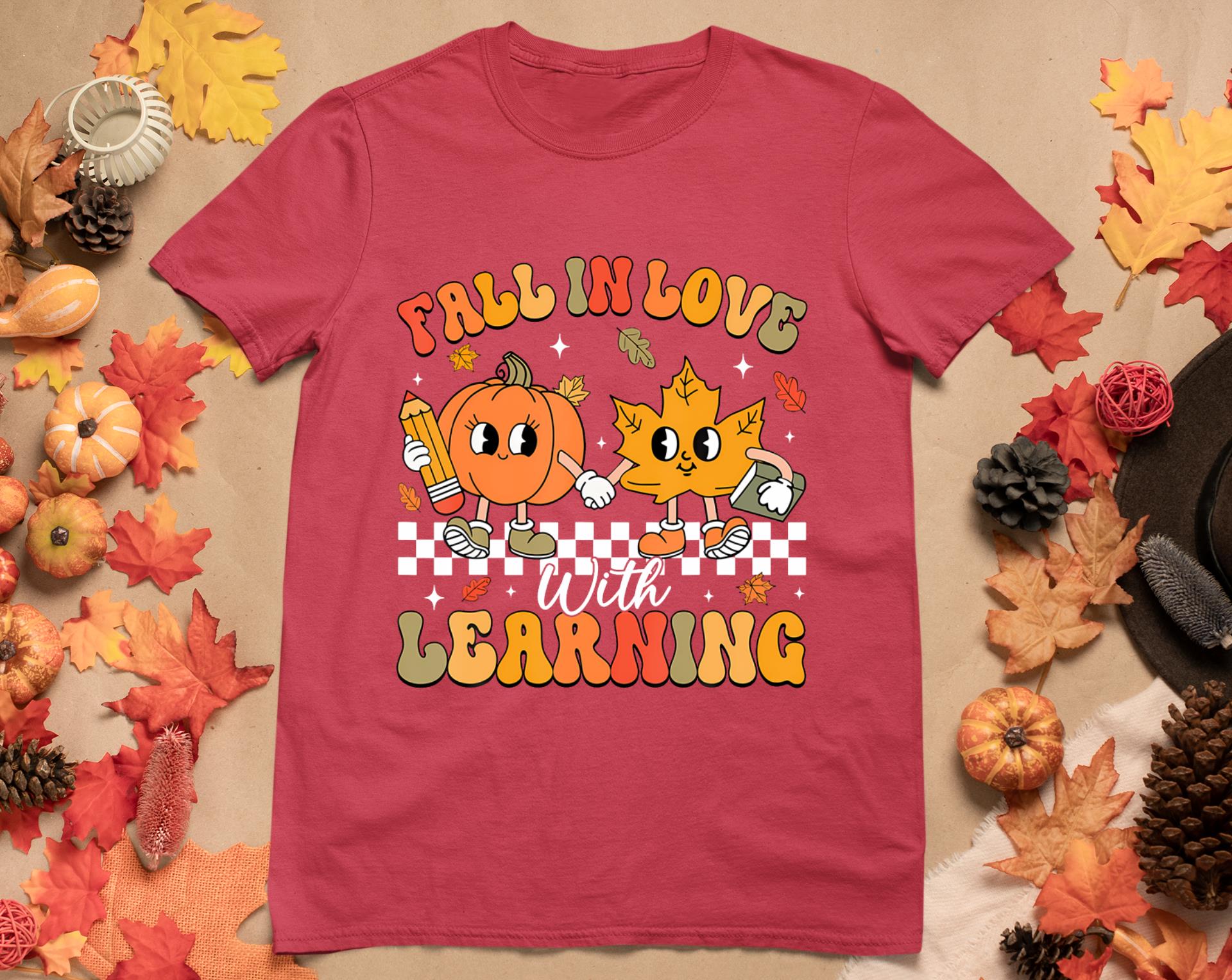 Retro Fall In Love With Learning Autumn Pumpkin Teacher T-Shirt