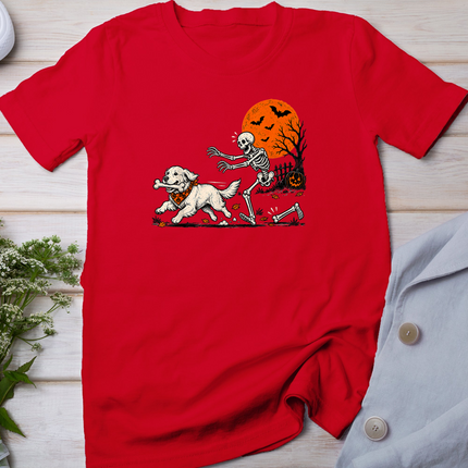 Golden Retriever Dog Stealing Bone from Skeleton Halloween T-Shirt