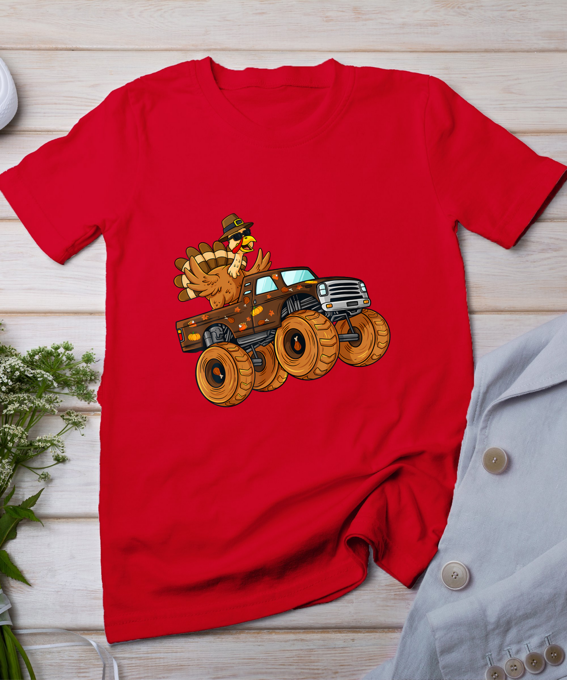 Thanksgiving Turkey Riding Monster Truck Boys Kids T-Shirt