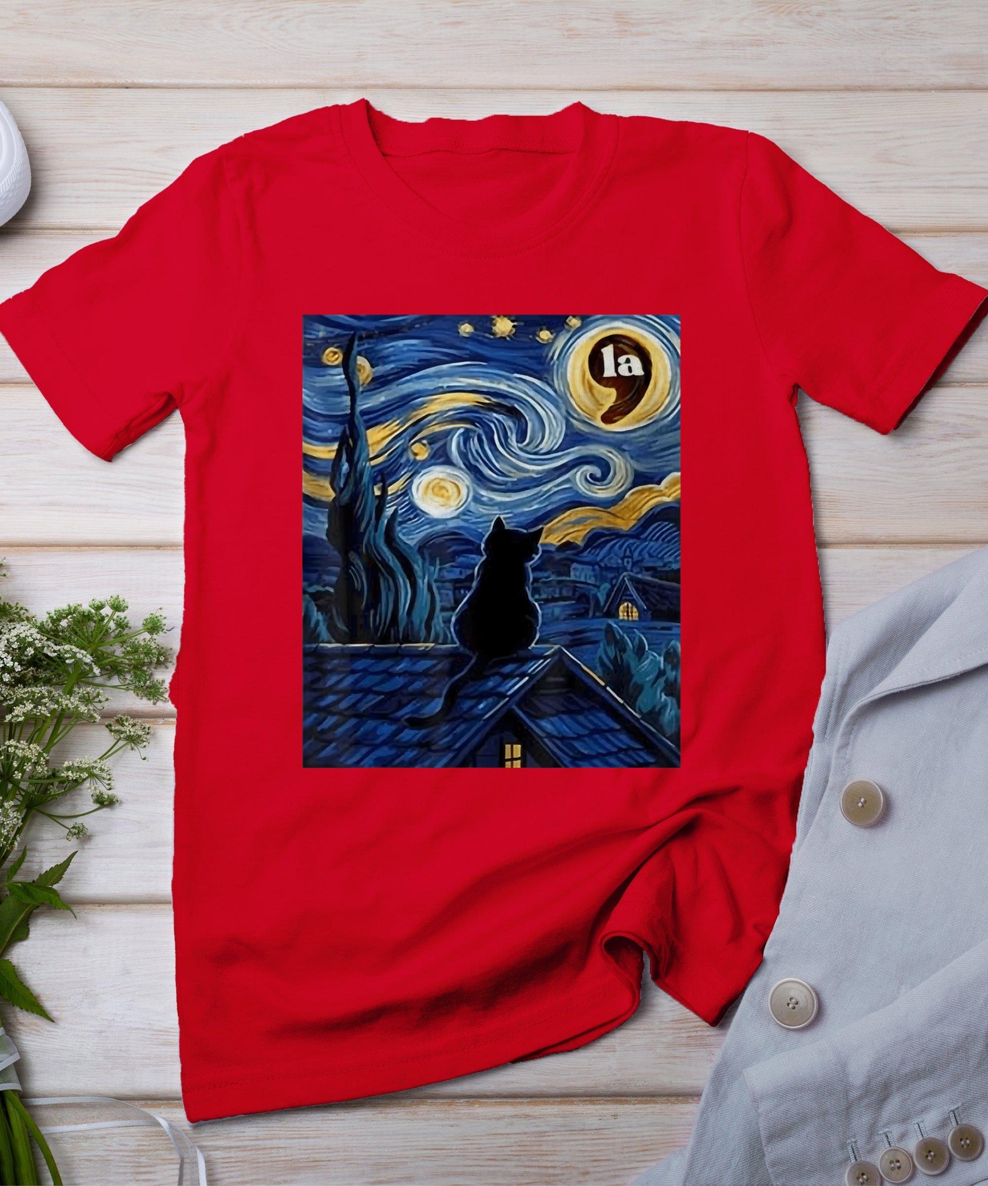 Halloween Starry Night Black Cat Comma La Kamala Harris T-Shirt